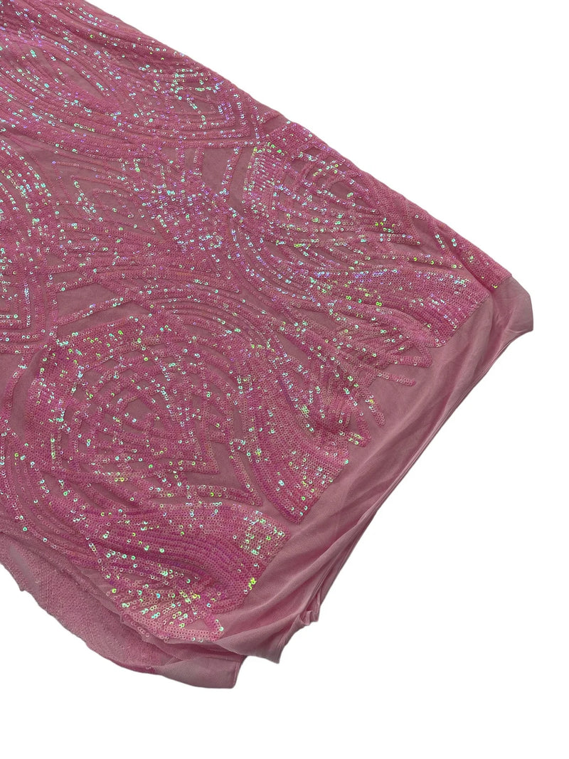 Long Wavy Pattern Sequins - Candy Pink - 4 Way Stretch Sequins Fabric Line Design By Yard