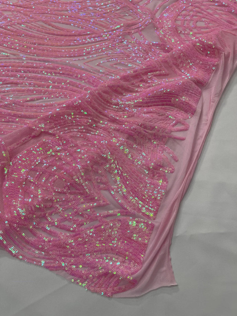 Long Wavy Pattern Sequins - Candy Pink - 4 Way Stretch Sequins Fabric Line Design By Yard
