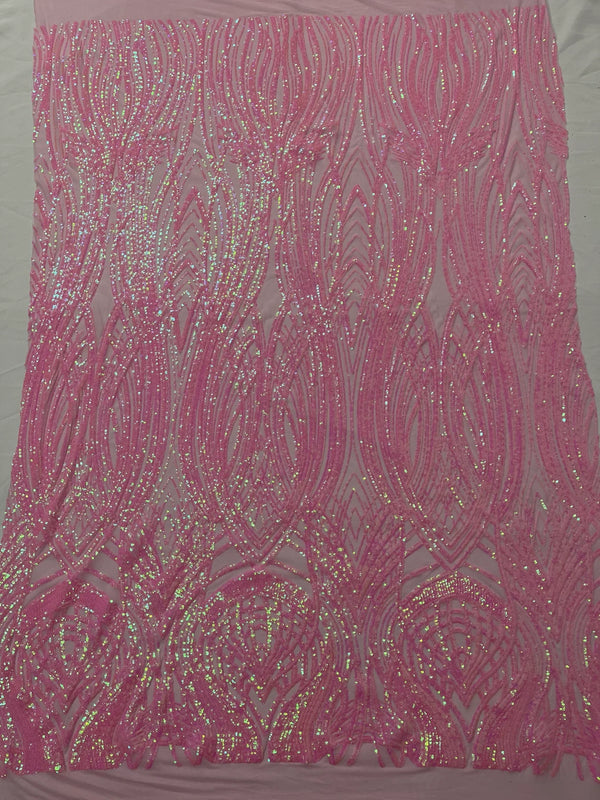 Long Wavy Pattern Sequins - Candy Pink - 4 Way Stretch Sequins Fabric Line Design By Yard