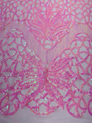 Elegant Floral Leaf Design - Candy Pink - 4 Way Stretch Sequins Lace Spandex Fabric By Yard
