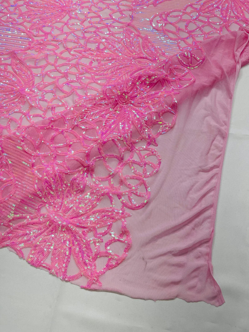 Elegant Floral Leaf Design - Candy Pink - 4 Way Stretch Sequins Lace Spandex Fabric By Yard