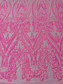 Big Damask Sequins Fabric - Candy Pink - 4 Way Stretch Damask Sequins Design Fabric By Yard
