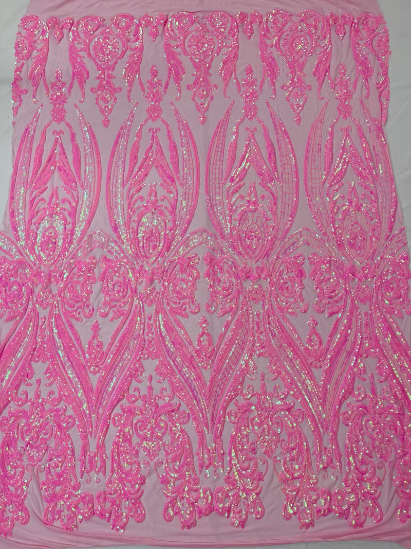 Big Damask Sequins Fabric - Candy Pink - 4 Way Stretch Damask Sequins Design Fabric By Yard