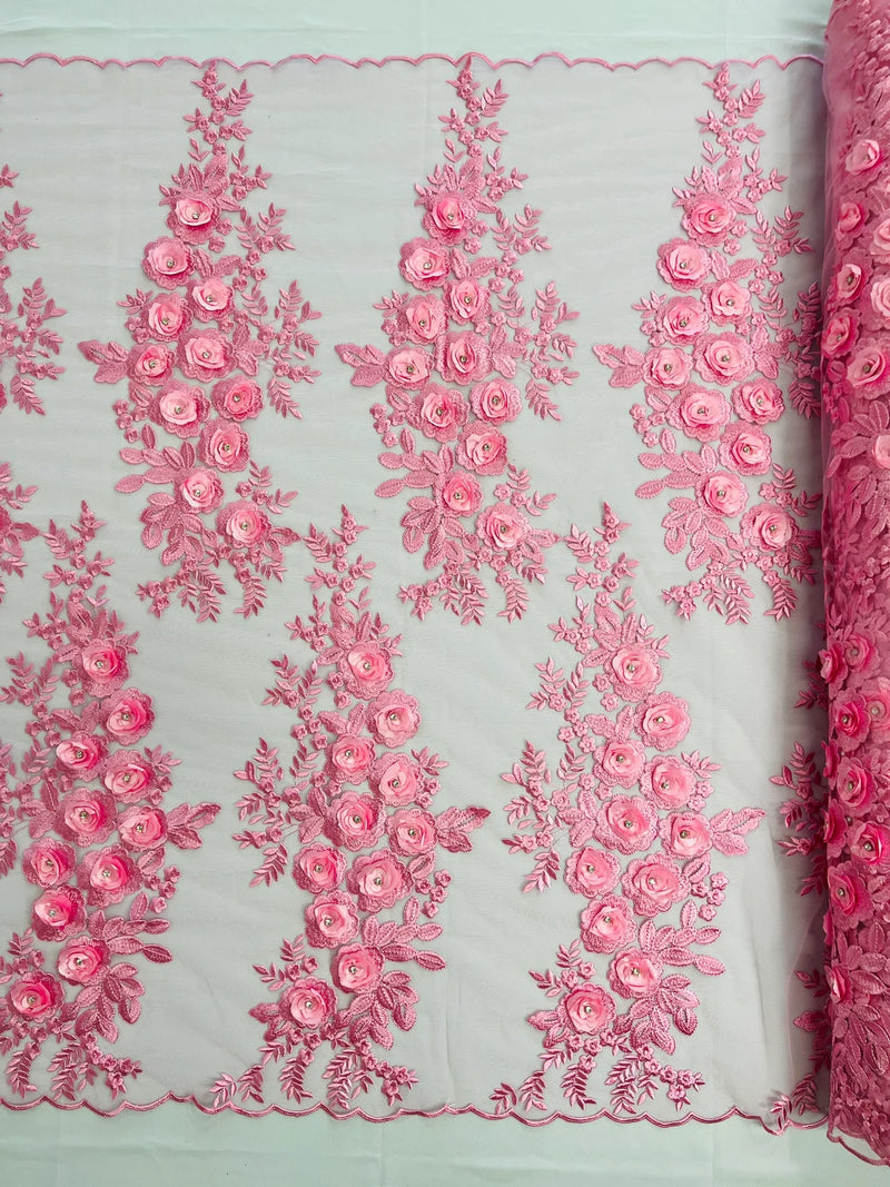 3D Rhinestone Rose Fabric - Candy Pink - Embroidered 3D Roses Design on Mesh Fabric Sold by Yard