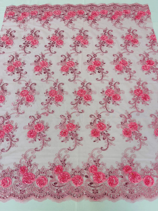 Flower Lace Fabric - Candy Pink - Embroidered Flower With Sequins on a Mesh Lace Fabric By Yard