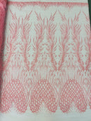 Heart & Feather Pattern Fabric - Candy - Embroidered Elegant Design with Beads Mesh Fabric Sold By Yard