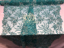 Beaded - Teal - Fancy Flower Design Sequins Fabric with Beads Sold By The Yard