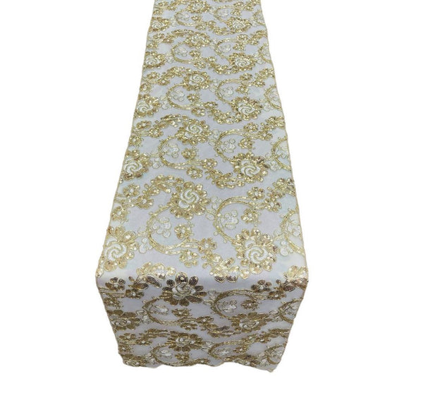 Floral Lace Sequins Table Runner - Champagne - 12" x 90" Floral Lace Table Runner