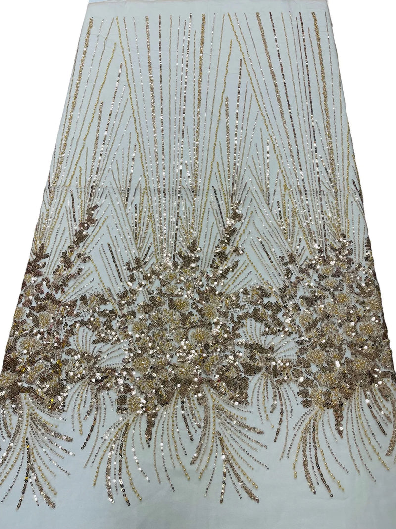 Beaded Floral Line Fabric - Champagne - Beaded Embroidered Lines and Flowers on Mesh By Yard