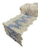 14" Metallic Flower Lace Table Runner - Champagne - Floral Runner for Event Decor Sold By The Yard