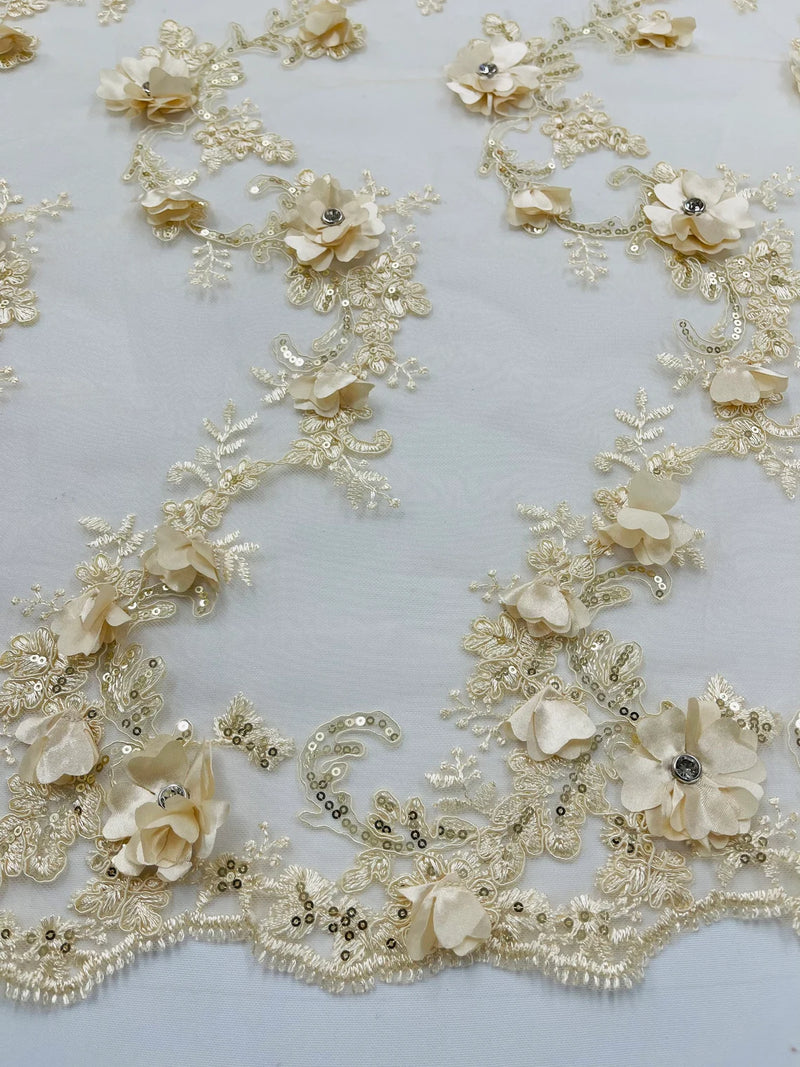 3D Lace Flower Fabric - Champagne - Embroidered Sequins and 3D Floral Patterns on Lace By Yard