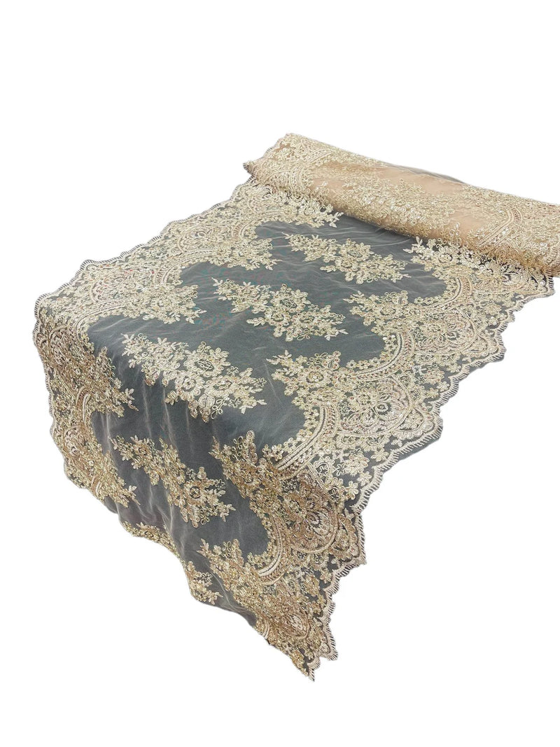 21" Floral Lace Metallic Design Table Runner - Champagne - Floral Runner for Event Decor Sold By The Yard