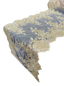 14" Metallic Flower Lace Table Runner - Champagne - Floral Runner for Event Decor Sold By The Yard