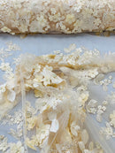 Floral 3D Rose Fabric - Champagne - Embroided Rose Flower Design Fabric Sold by Yard