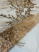 Beaded Floral Line Fabric - Champagne - Beaded Embroidered Lines and Flowers on Mesh By Yard