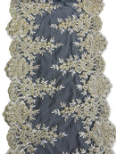 14" Metallic Flower Lace Table Runner - Champagne - Floral Runner for Event Decor Sold By The Yard