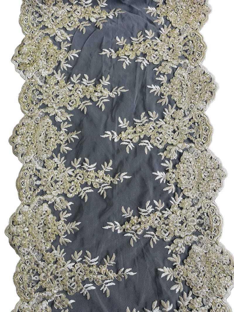 14" Metallic Flower Lace Table Runner - Champagne - Floral Runner for Event Decor Sold By The Yard