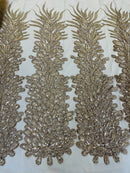 3D Beaded Peacock Feathers - Champagne - Vegas Design Embroidered Sequins and Beads On a Mesh Lace Fabric (Choose The Panels)