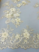 Floral 3D Rose Fabric - Champagne - Embroided Rose Flower Design Fabric Sold by Yard
