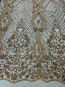 Bead Fashion Damask Fabric - Champagne - Beaded Sequins Geometric Design on Mesh Sold By Yard