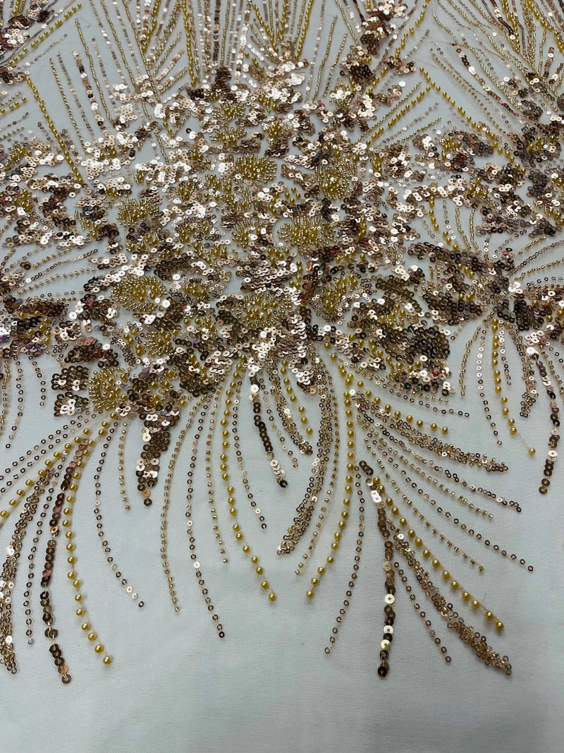 Beaded Floral Line Fabric - Champagne - Beaded Embroidered Lines and Flowers on Mesh By Yard