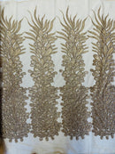 3D Beaded Peacock Feathers - Champagne - Vegas Design Embroidered Sequins and Beads On a Mesh Lace Fabric (Choose The Panels)