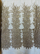 3D Beaded Peacock Feathers - Champagne - Vegas Design Embroidered Sequins and Beads On a Mesh Lace Fabric (Choose The Panels)