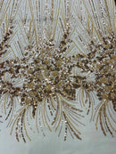 Beaded Floral Line Fabric - Champagne - Beaded Embroidered Lines and Flowers on Mesh By Yard