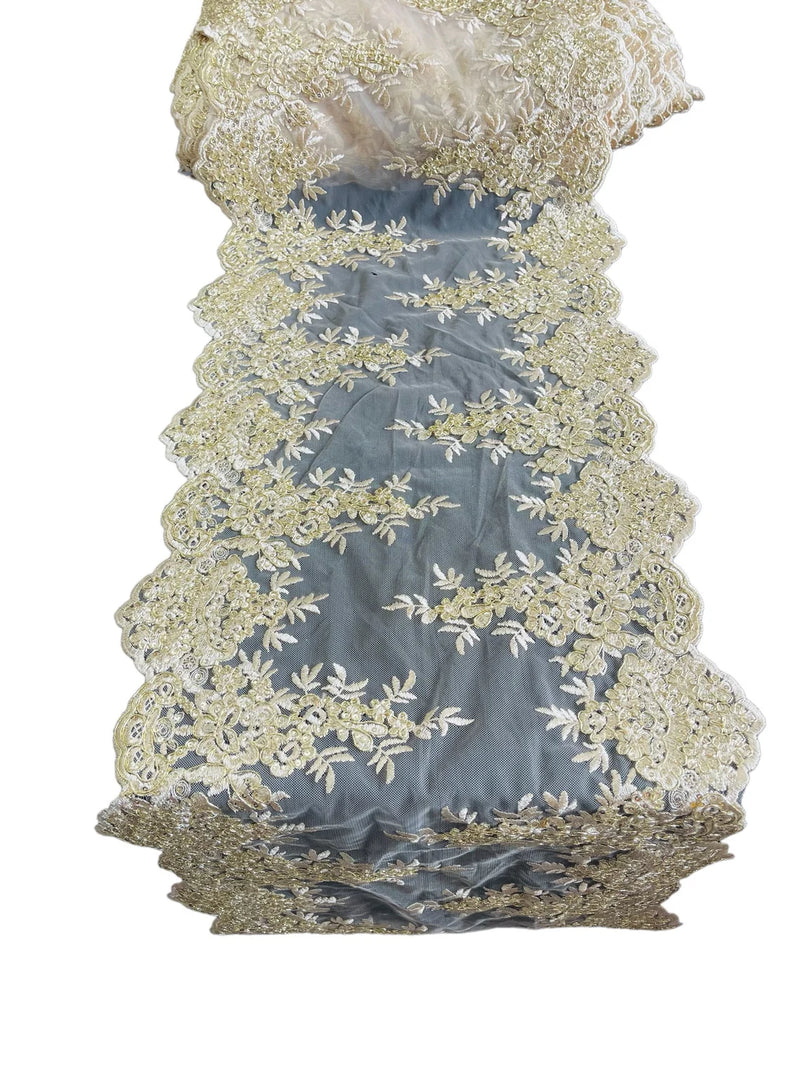 14" Metallic Flower Lace Table Runner - Champagne - Floral Runner for Event Decor Sold By The Yard