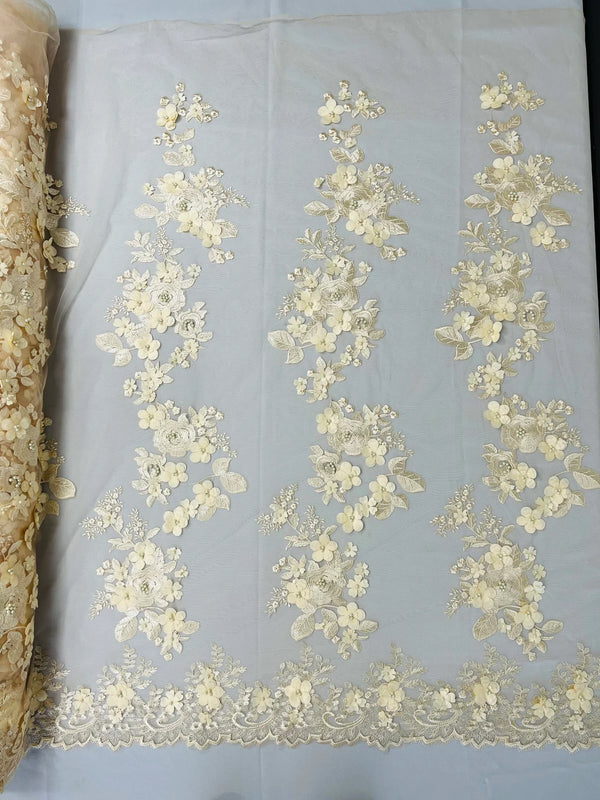 Floral 3D Rose Fabric - Champagne - Embroided Rose Flower Design Fabric Sold by Yard