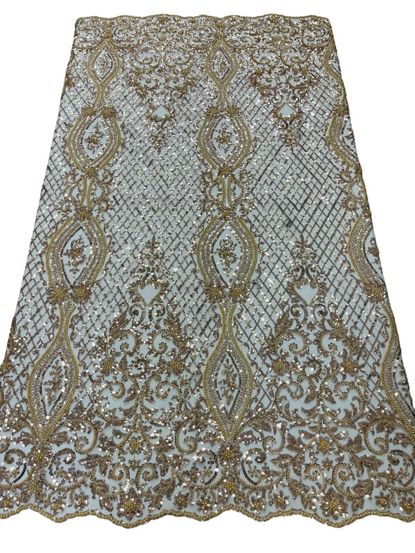 Bead Fashion Damask Fabric - Champagne - Beaded Sequins Geometric Design on Mesh Sold By Yard