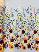 3D Floral and Leaves Embroidery - Champagne - Multi Color Flower Design on Mesh by Yard