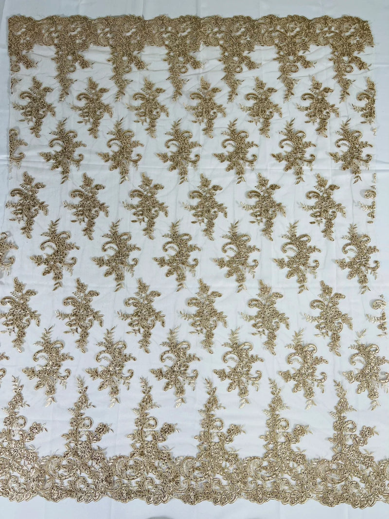 Lace Flower Cluster Fabric - Champagne - Embroidered Flower With Sequins on a Mesh Lace Fabric By Yard