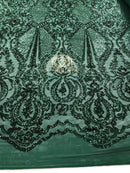 Sequins - Hunter Green - 4 Way Stretch Fancy Fabric Embroidered On Mesh Sold By The Yard
