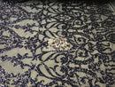 4 Way Stretch - Navy - Sequins Damask Design Fabric Embroidered On Mesh Sold By The Yard