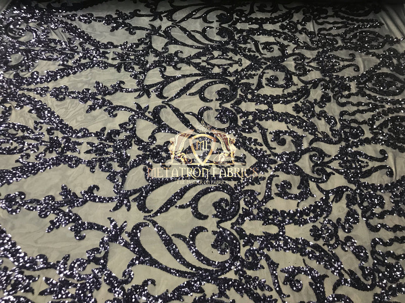 4 Way Stretch - Navy - Sequins Damask Design Fabric Embroidered On Mesh Sold By The Yard