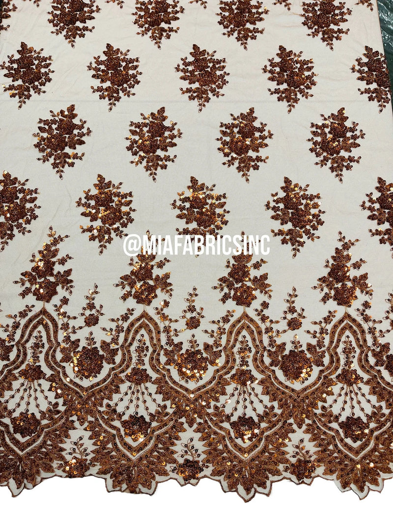 Round Flower Beaded Fabric - Cinnamon - Embroidered Fashion Design Beads and Sequins On Mesh by The Yard