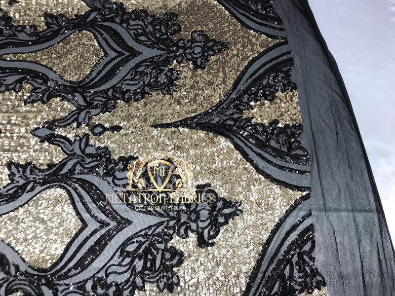4 Way Stretch - Black and Gold - Two Tone Flower Design Sequins On Stretch Mesh Sold By The Yard