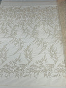 Leaf Plant Cluster Design Fabric - Clear Blush on Mesh - Beaded Embroidered Leaves Design on Lace Mesh By Yard