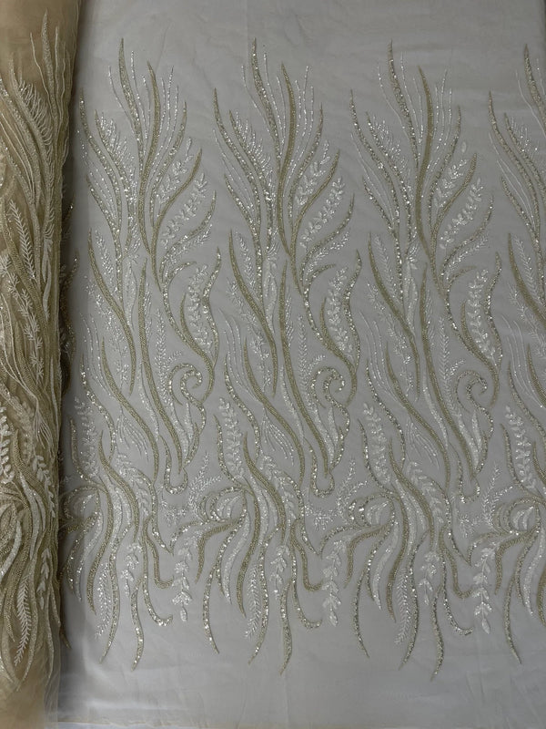 Sea Plant Design Fabric - Clear on Cream Mesh - Beaded Embroidered Sea Plant Design Fabric by Yard