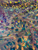 Iridescent Jumbo Oval Sequins - Clear Iridescent - Paillette Oval Sequins Fabric on White Mesh Sold By Yard