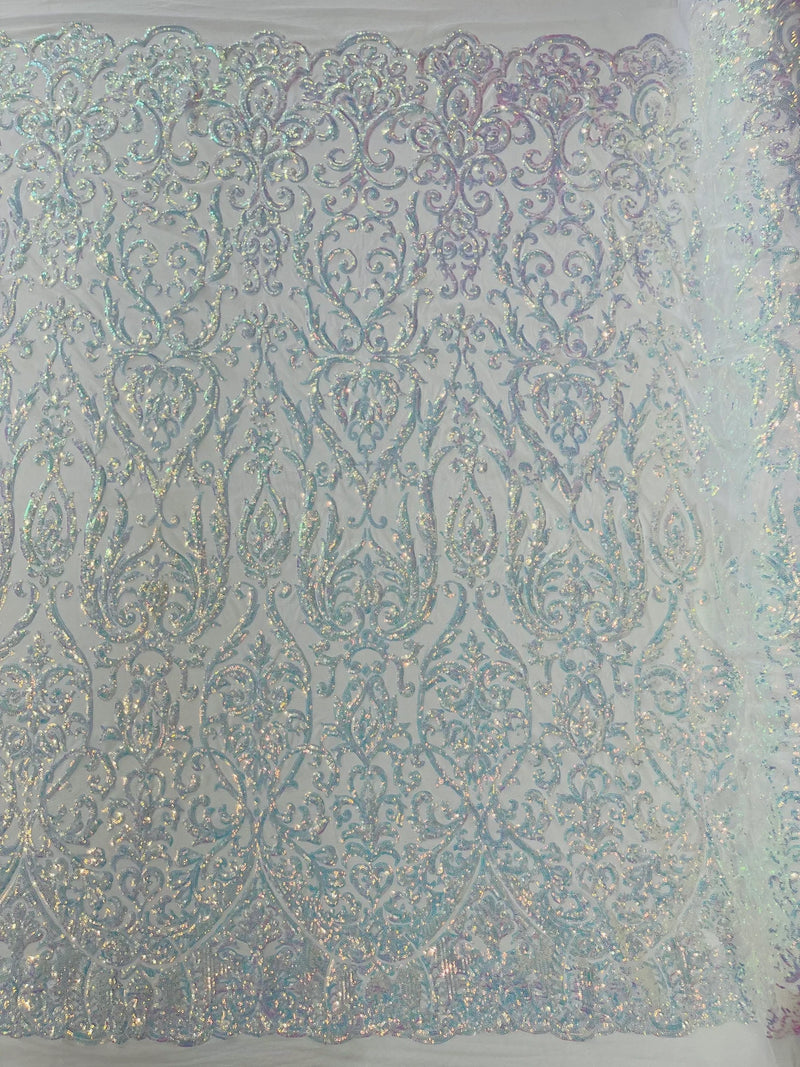 Damask Decor Sequins - Clear Iridescent - 4 Way Stretch Design High Quality Fabric By Yard