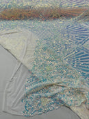 Damask Geometric Sequins - Clear Iridescent - 4 Way Stretch Sequins Damask Pattern Design Sold By Yard