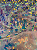 Iridescent Jumbo Oval Sequins - Clear Iridescent - Paillette Oval Sequins Fabric on White Mesh Sold By Yard