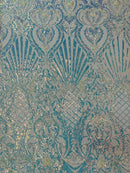 Damask Geometric Sequins - Clear Iridescent - 4 Way Stretch Sequins Damask Pattern Design Sold By Yard