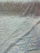 Damask Decor Sequins - Clear Iridescent - 4 Way Stretch Design High Quality Fabric By Yard