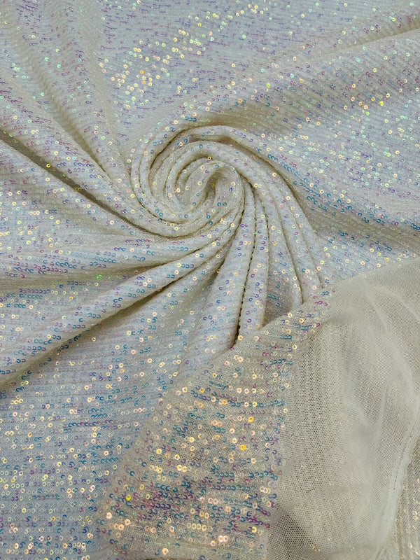 Mille Striped Stretch Sequins - Clear Iridescent on Ivory - 4 Way Stretch Spandex Sequins Striped Fabric By The Yard