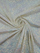 Mille Striped Stretch Sequins - Clear Iridescent on Ivory - 4 Way Stretch Spandex Sequins Striped Fabric By The Yard