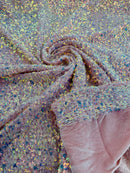 Sequins Velvet Seashell Design - Clear Iridescent on Pink - Velvet Fabric with Special Sequins Sold By Yard
