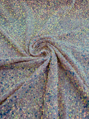 Sequins Velvet Seashell Design - Clear Iridescent on Pink - Velvet Fabric with Special Sequins Sold By Yard